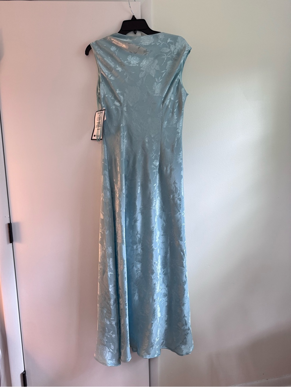 Betsy & Adam floral jacquard gown in dusty blue with a cowl neckline - Picture 6 of 6